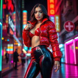 A hot slim girl with voluptuous curves and prominent breasts, wearing a shiny red tight puffer jacket that showcases her figure, complemented by stylish black latex leggings that accentuate her legs