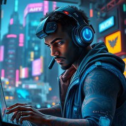 A skilled Balosar hacker with dark skin, immersed in a futuristic tech environment