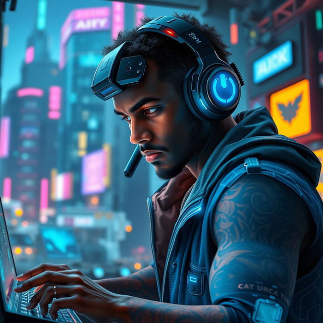 A skilled Balosar hacker with dark skin, immersed in a futuristic tech environment