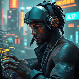 A skilled Balosar hacker with dark skin, immersed in a futuristic tech environment