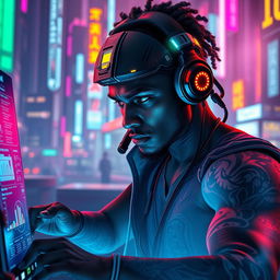 A skilled Balosar hacker with dark skin, immersed in a futuristic tech environment