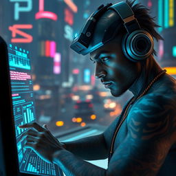 A skilled Balosar hacker with dark skin, immersed in a futuristic tech environment