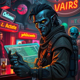 A dark-skinned Balosar hacker depicted as a Star Wars scoundrel, dressed in a stylish yet rugged outfit with an array of gadgets and tools