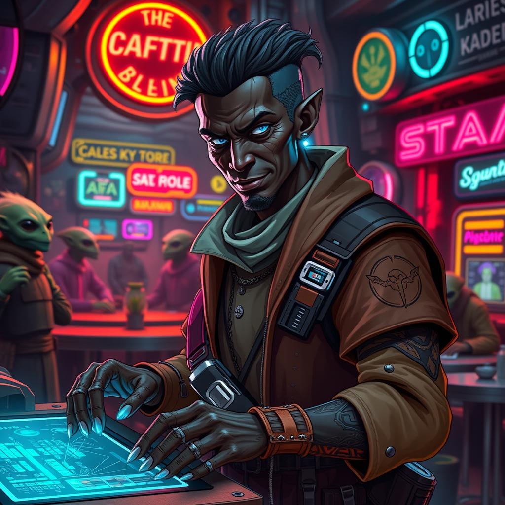 A dark-skinned Balosar hacker depicted as a Star Wars scoundrel, dressed in a stylish yet rugged outfit with an array of gadgets and tools