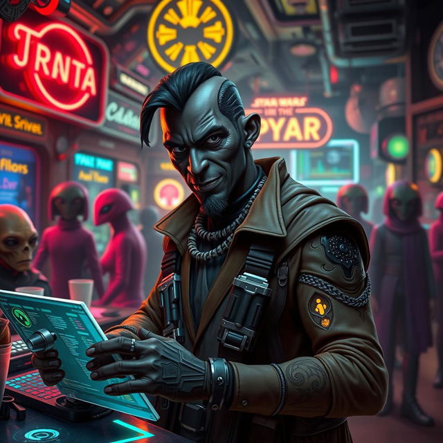 A dark-skinned Balosar hacker depicted as a Star Wars scoundrel, dressed in a stylish yet rugged outfit with an array of gadgets and tools