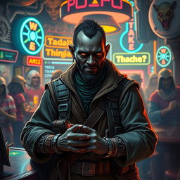 A dark-skinned Balosar hacker depicted as a Star Wars scoundrel, dressed in a stylish yet rugged outfit with an array of gadgets and tools