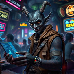 A dark-skinned Balosar hacker depicted as a Star Wars scoundrel, featuring prominent antennae that reflect his alien heritage
