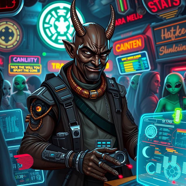 A dark-skinned Balosar hacker depicted as a Star Wars scoundrel, featuring prominent antennae that reflect his alien heritage