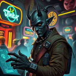 A dark-skinned Balosar hacker depicted as a Star Wars scoundrel, featuring prominent antennae that reflect his alien heritage