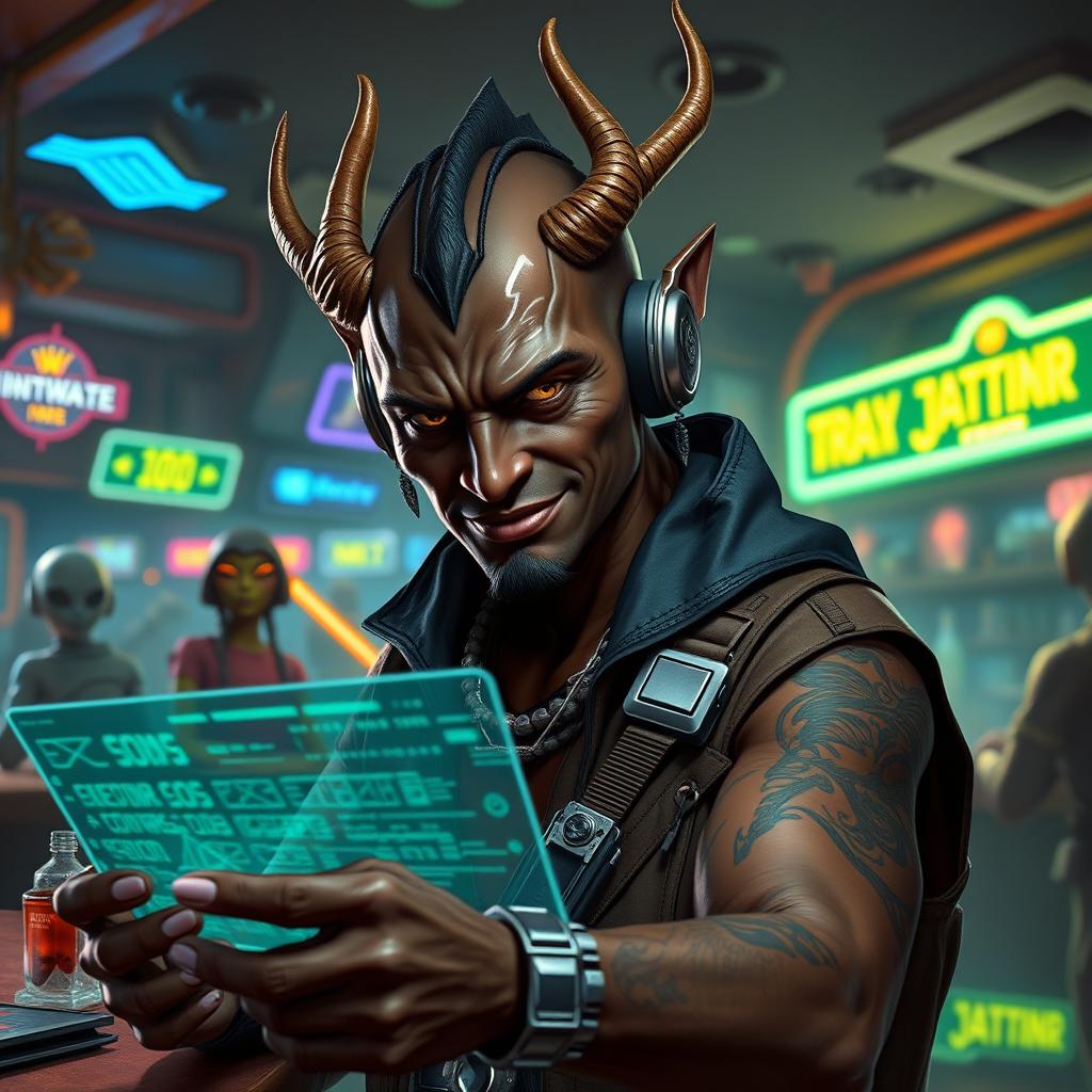 A dark-skinned Balosar hacker depicted as a Star Wars scoundrel, featuring prominent antennae that reflect his alien heritage