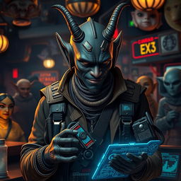 A dark-skinned Balosar hacker depicted as a Star Wars scoundrel, featuring prominent antennae that characterize his alien race