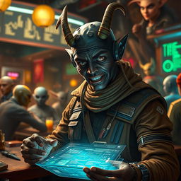 A dark-skinned Balosar hacker depicted as a Star Wars scoundrel, featuring prominent antennae that characterize his alien race