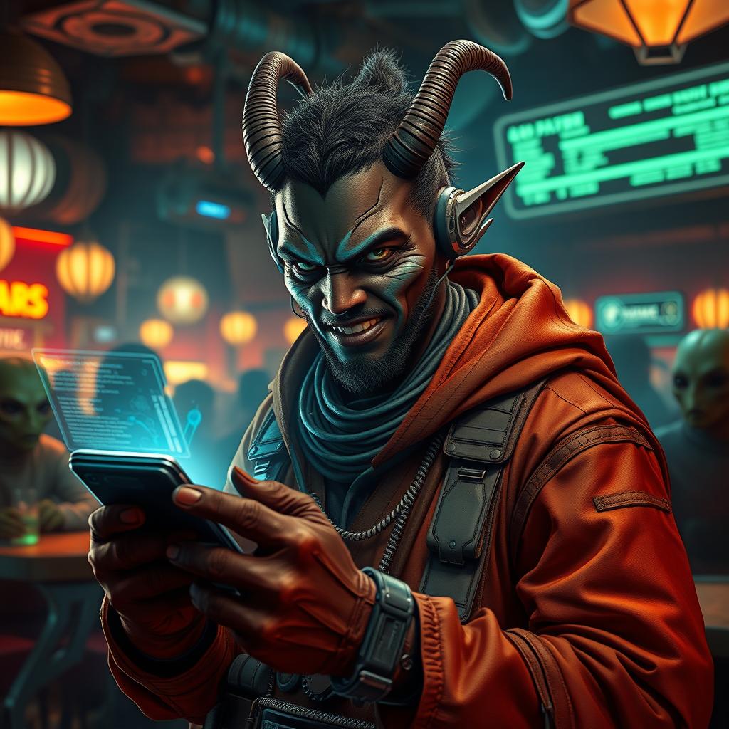 A dark-skinned Balosar hacker depicted as a Star Wars scoundrel, featuring prominent antennae that characterize his alien race