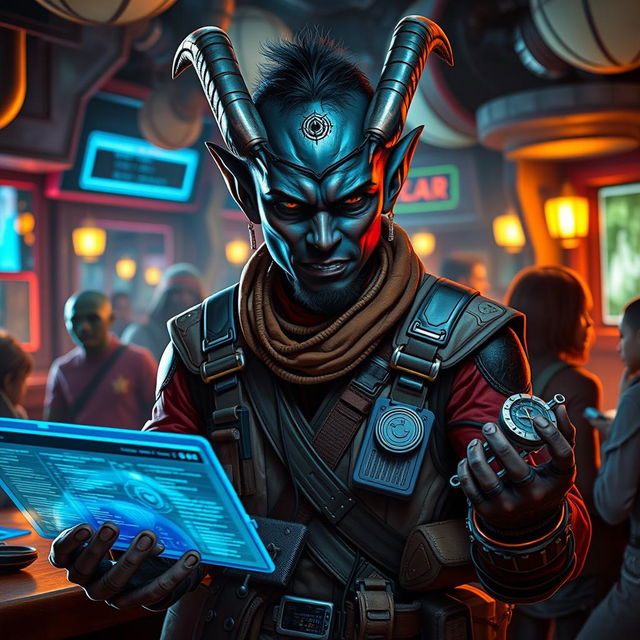 A dark-skinned Balosar hacker depicted as a Star Wars scoundrel, featuring prominent antennae that characterize his alien race