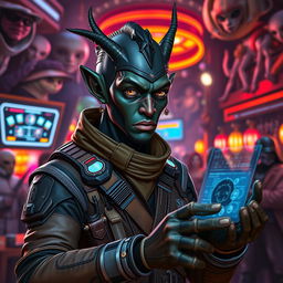 A dark-skinned Balosar hacker portrayed in a Star Wars setting, prominently featuring antennae that signify his alien race