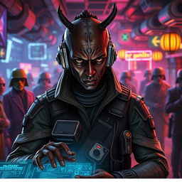 A dark-skinned Balosar hacker portrayed in a Star Wars setting, prominently featuring antennae that signify his alien race