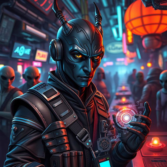 A dark-skinned Balosar hacker portrayed in a Star Wars setting, prominently featuring antennae that signify his alien race