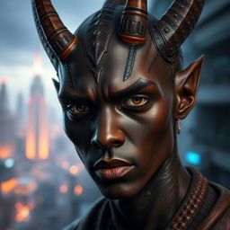 A close-up portrait of a dark-skinned Balosar character, prominently featuring distinctive antennae that highlight his alien race