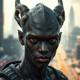 A close-up portrait of a dark-skinned Balosar character, prominently featuring distinctive antennae that highlight his alien race