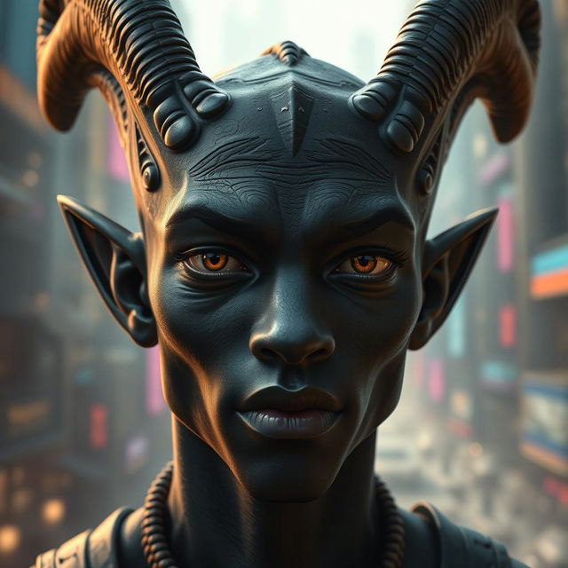 A close-up portrait of a dark-skinned Balosar character, prominently featuring distinctive antennae that highlight his alien race