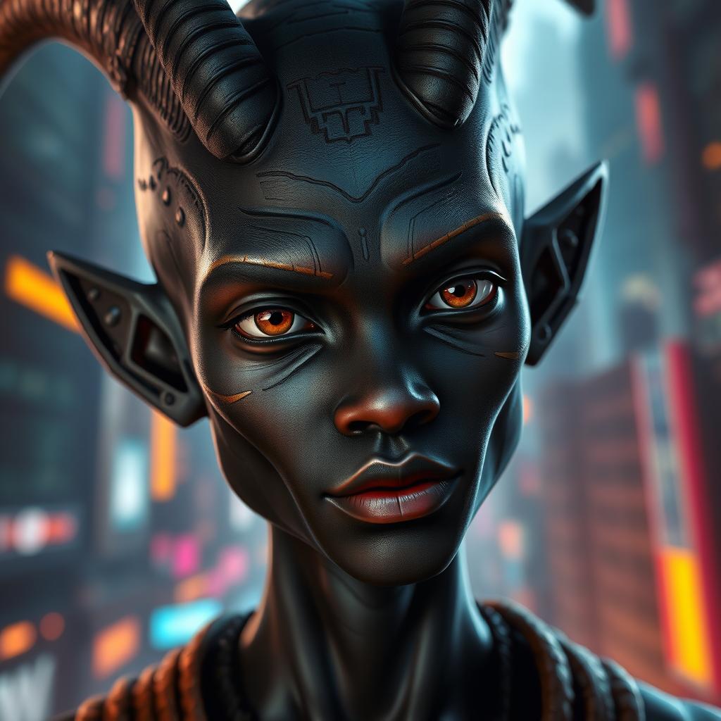 A close-up portrait of a dark-skinned Balosar character, prominently featuring distinctive antennae that highlight his alien race