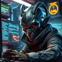 A dark-skinned Balosar hacker, showcasing his unique alien features, including prominent antennae and striking facial characteristics