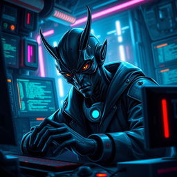 A dark-skinned Balosar hacker, showcasing his unique alien features, including prominent antennae and striking facial characteristics