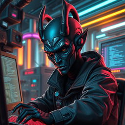 A dark-skinned Balosar hacker, showcasing his unique alien features, including prominent antennae and striking facial characteristics