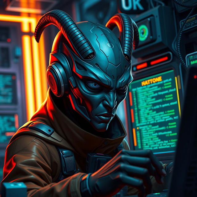 A dark-skinned Balosar hacker, showcasing his unique alien features, including prominent antennae and striking facial characteristics