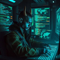 A dark-skinned Balosar hacker deeply engaged in his craft, featuring distinct Balosar antennae and striking facial features that reflect his unique heritage