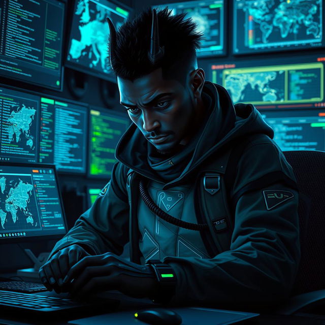 A dark-skinned Balosar hacker deeply engaged in his craft, featuring distinct Balosar antennae and striking facial features that reflect his unique heritage