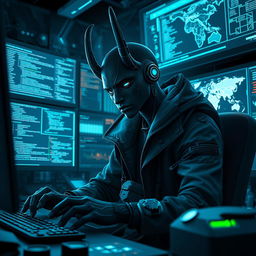 A dark-skinned Balosar hacker deeply engaged in his craft, featuring distinct Balosar antennae and striking facial features that reflect his unique heritage