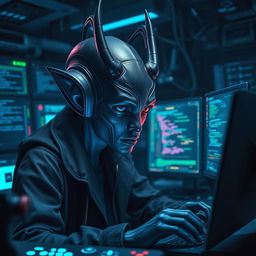 A dark-skinned Balosar hacker in a high-tech digital environment, showcasing his unique alien features such as distinctive antennae and detailed facial characteristics