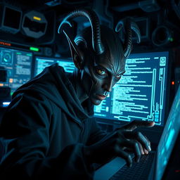 A dark-skinned Balosar hacker in a high-tech digital environment, showcasing his unique alien features such as distinctive antennae and detailed facial characteristics
