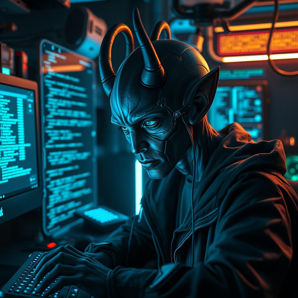 A dark-skinned Balosar hacker in a high-tech digital environment, showcasing his unique alien features such as distinctive antennae and detailed facial characteristics