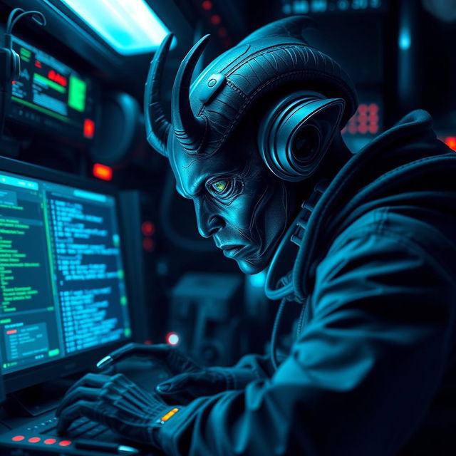 A dark-skinned Balosar hacker in a high-tech digital environment, showcasing his unique alien features such as distinctive antennae and detailed facial characteristics
