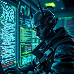 A dark-skinned Balosar hacker, characterized by his distinctive alien features, including unique antennae and a sharp, intelligent expression