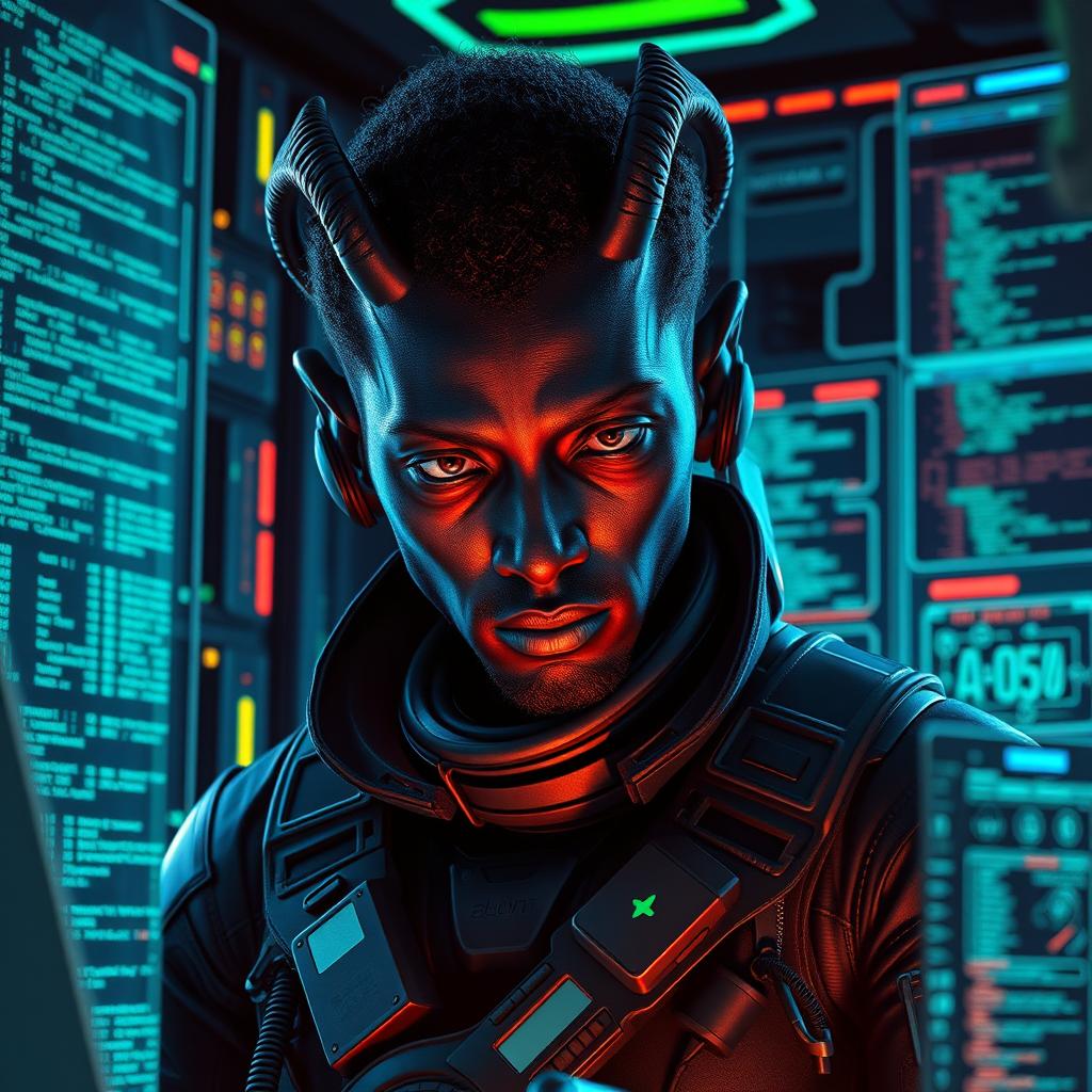 A dark-skinned Balosar hacker, characterized by his distinctive alien features, including unique antennae and a sharp, intelligent expression