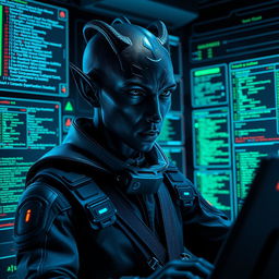 A dark-skinned Balosar hacker, characterized by his distinctive alien features, including unique antennae and a sharp, intelligent expression