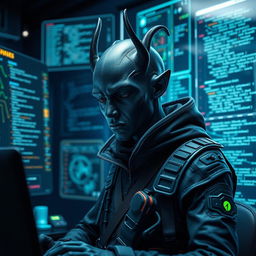 A dark-skinned Balosar hacker, characterized by his distinctive alien features, including unique antennae and a sharp, intelligent expression