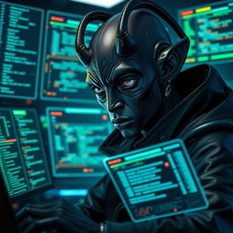 A dark-skinned Balosar hacker featured in a dynamic high-tech setting, showcasing his distinct alien traits such as unique antennae and expressive eyes