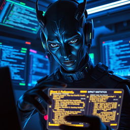A dark-skinned Balosar hacker featured in a dynamic high-tech setting, showcasing his distinct alien traits such as unique antennae and expressive eyes