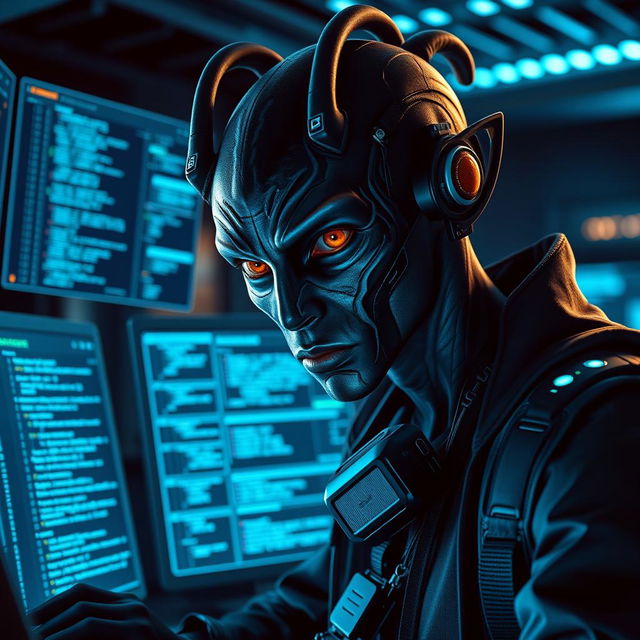 A dark-skinned Balosar hacker featured in a dynamic high-tech setting, showcasing his distinct alien traits such as unique antennae and expressive eyes