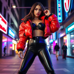 A hot slim girl with voluptuous curves and large breasts, dressed in a shiny red tight puffer jacket that accentuates her figure, and sleek black latex leggings that hug her legs