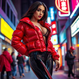 A hot slim girl with voluptuous curves and large breasts, dressed in a shiny red tight puffer jacket that accentuates her figure, and sleek black latex leggings that hug her legs