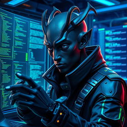 A dark-skinned male Balosar hacker depicted in an advanced technological setting, featuring his distinct alien traits such as prominent antennae, angular facial features, and striking eyes
