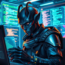 A dark-skinned male Balosar hacker depicted in an advanced technological setting, featuring his distinct alien traits such as prominent antennae, angular facial features, and striking eyes