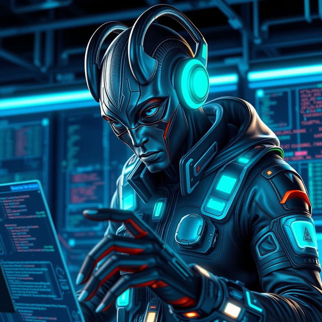 A dark-skinned male Balosar hacker depicted in an advanced technological setting, featuring his distinct alien traits such as prominent antennae, angular facial features, and striking eyes