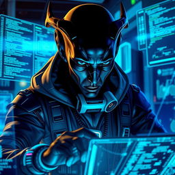 A dark-skinned male Balosar hacker depicted in an advanced technological setting, featuring his distinct alien traits such as prominent antennae, angular facial features, and striking eyes