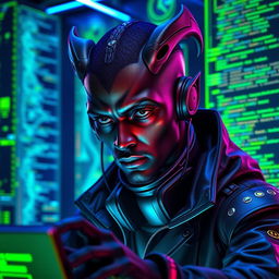A male Balosar hacker, with dark skin and distinctive alien features, such as prominent antennae and sharp facial characteristics
